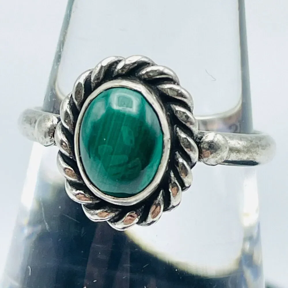 Sterling Silver Rope Bezel Ring FAS 925 US Size 6 Green Cabochon Malachite Look